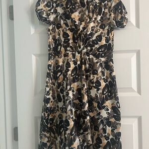 Chadwicks Black and Tan V-Neck Puff Sleeve Midi Dress